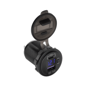 USB+USB Type-C auto punjač sa brzim punjenjem, napajanjem i meračem napona 48W